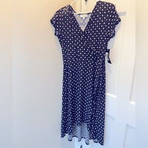 GILLI navy blue wrap midi dress - high low hem